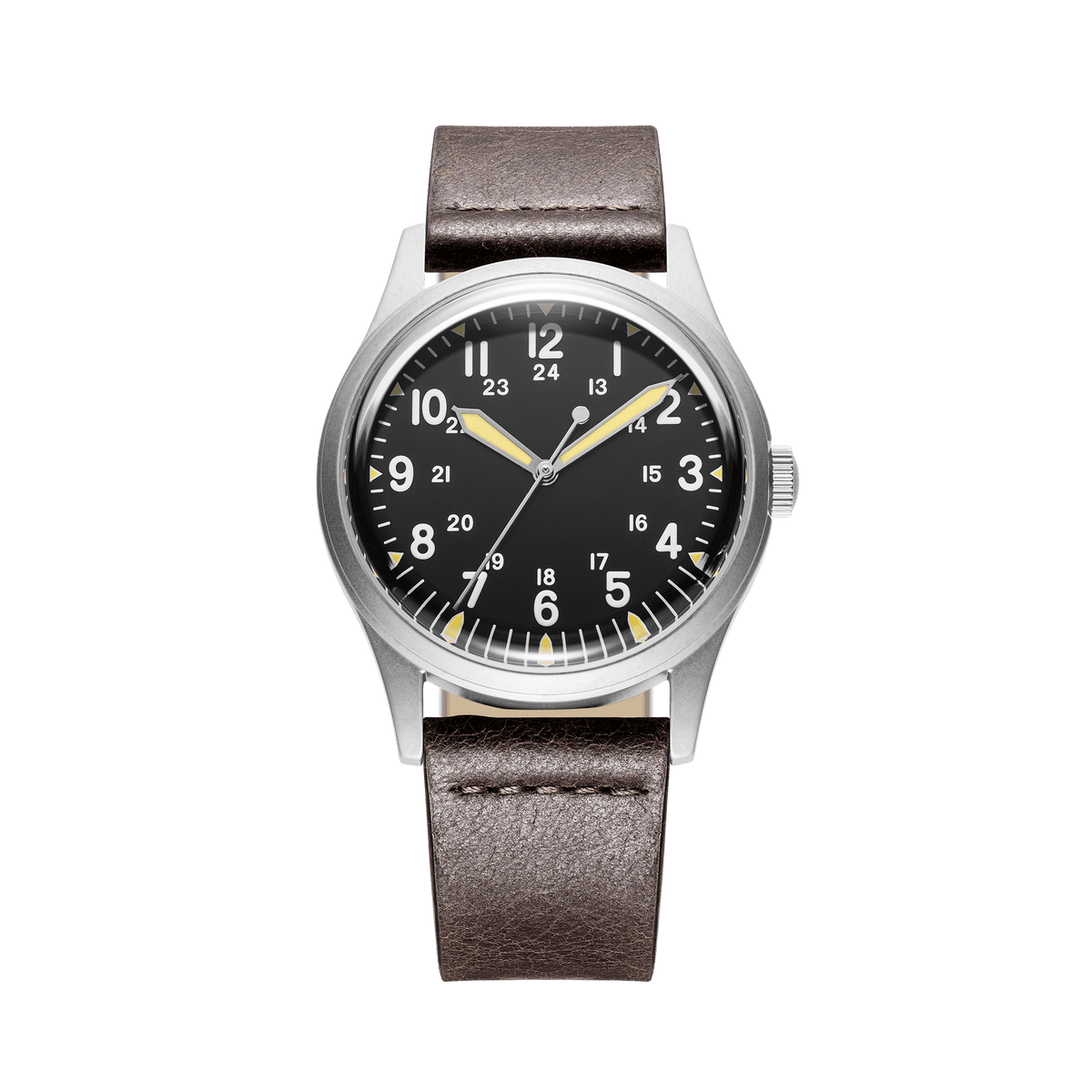 Praesidus Jungle Field Automatic 38 Matte Black with a brown leather strap.