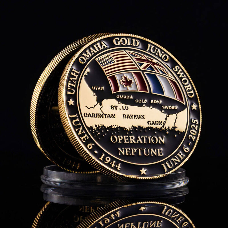 D-Day Normandy challenge coin showing all 5 beaches, Utah Omaha Gold Juno Sword with Allied flags