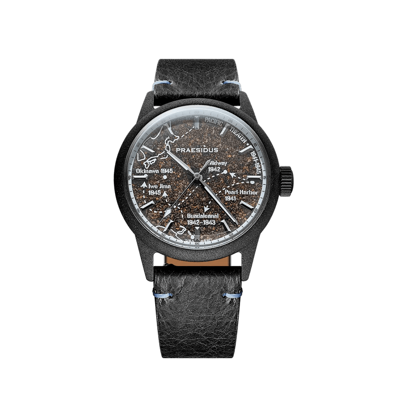 field watch with volcanic sand dial and Pacific Theater map overlay with leather strap