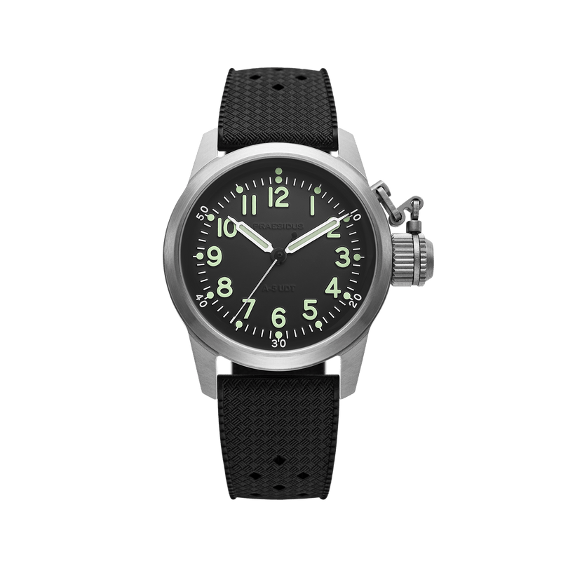 Praesidus A-5 UDT black military field watch with black rubber Tropic strap and luminous dial