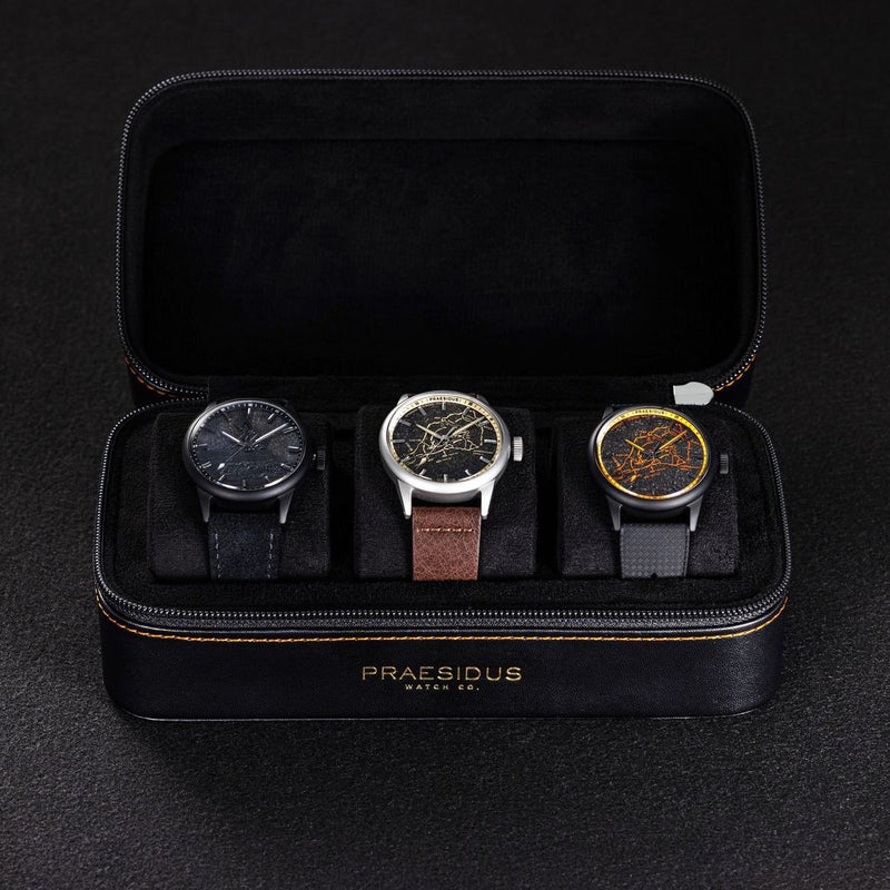 WWII military watch collector's gift set 3-watch Iwo Jima display box with orange stitching