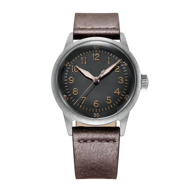 Neptune 44 Black D-Day watch black aged dial, patinated indexes, brown leather strap