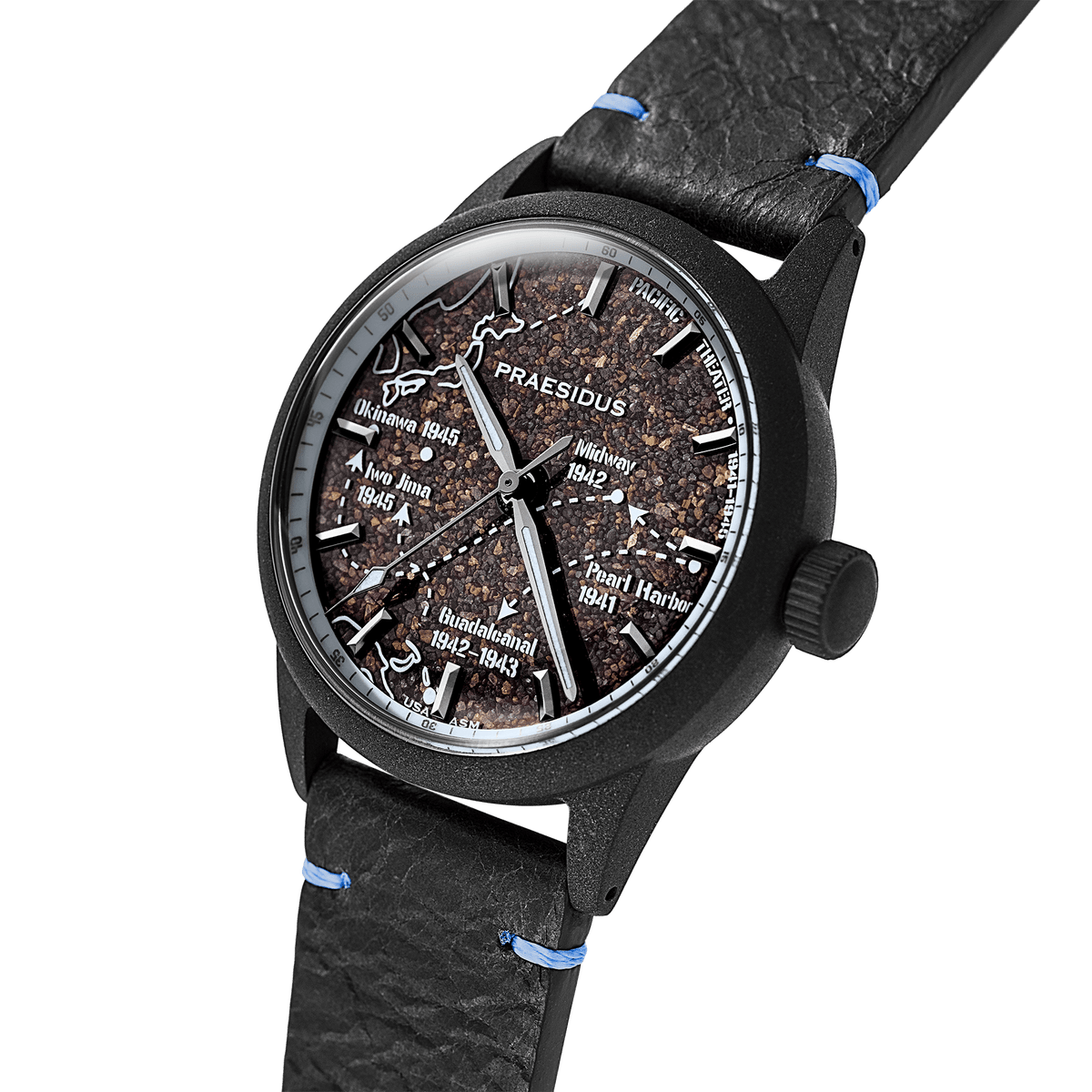 Angled view of a 11 pacific front abyss blueblack field watch with black leather strap