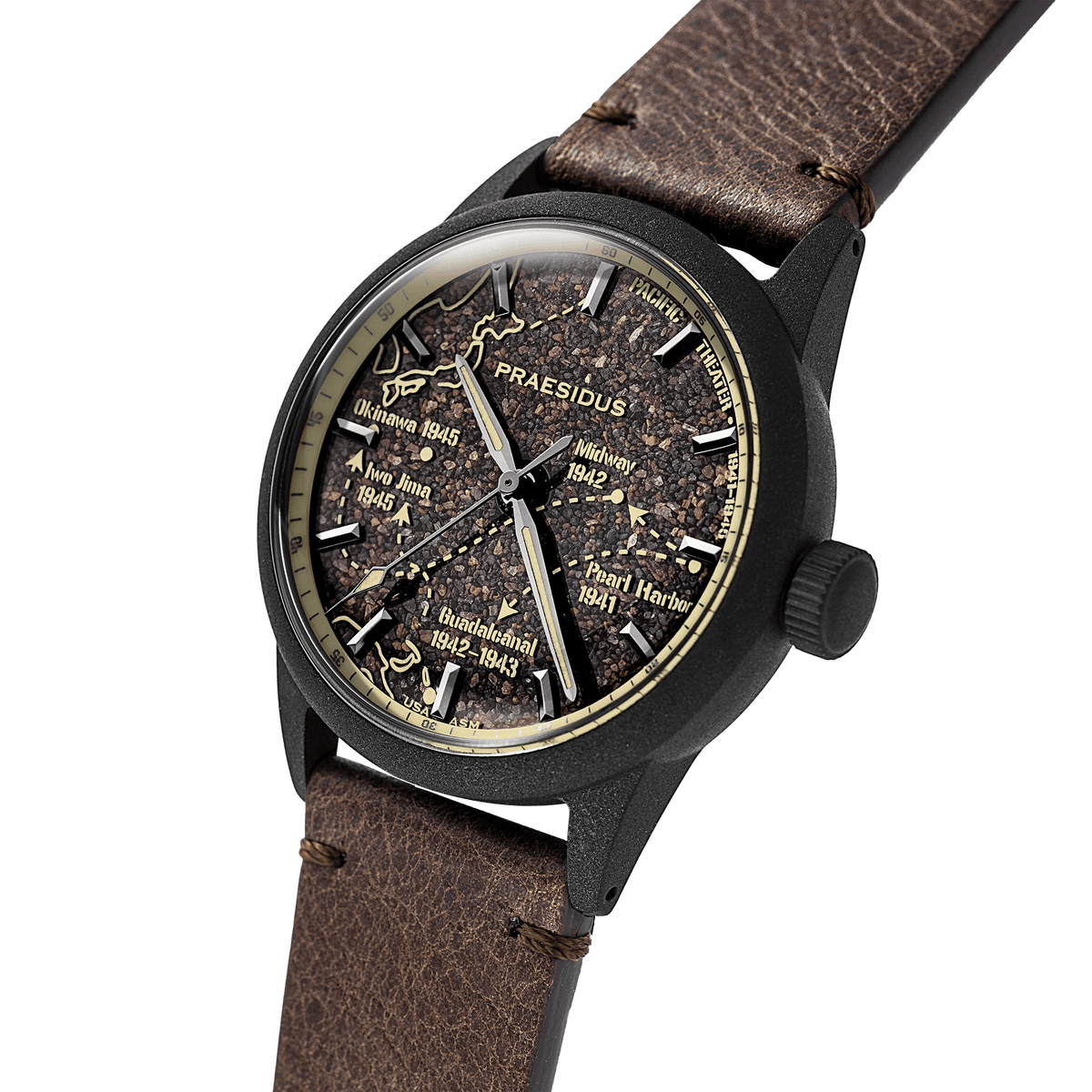 38mm field watch with muted patina case finish