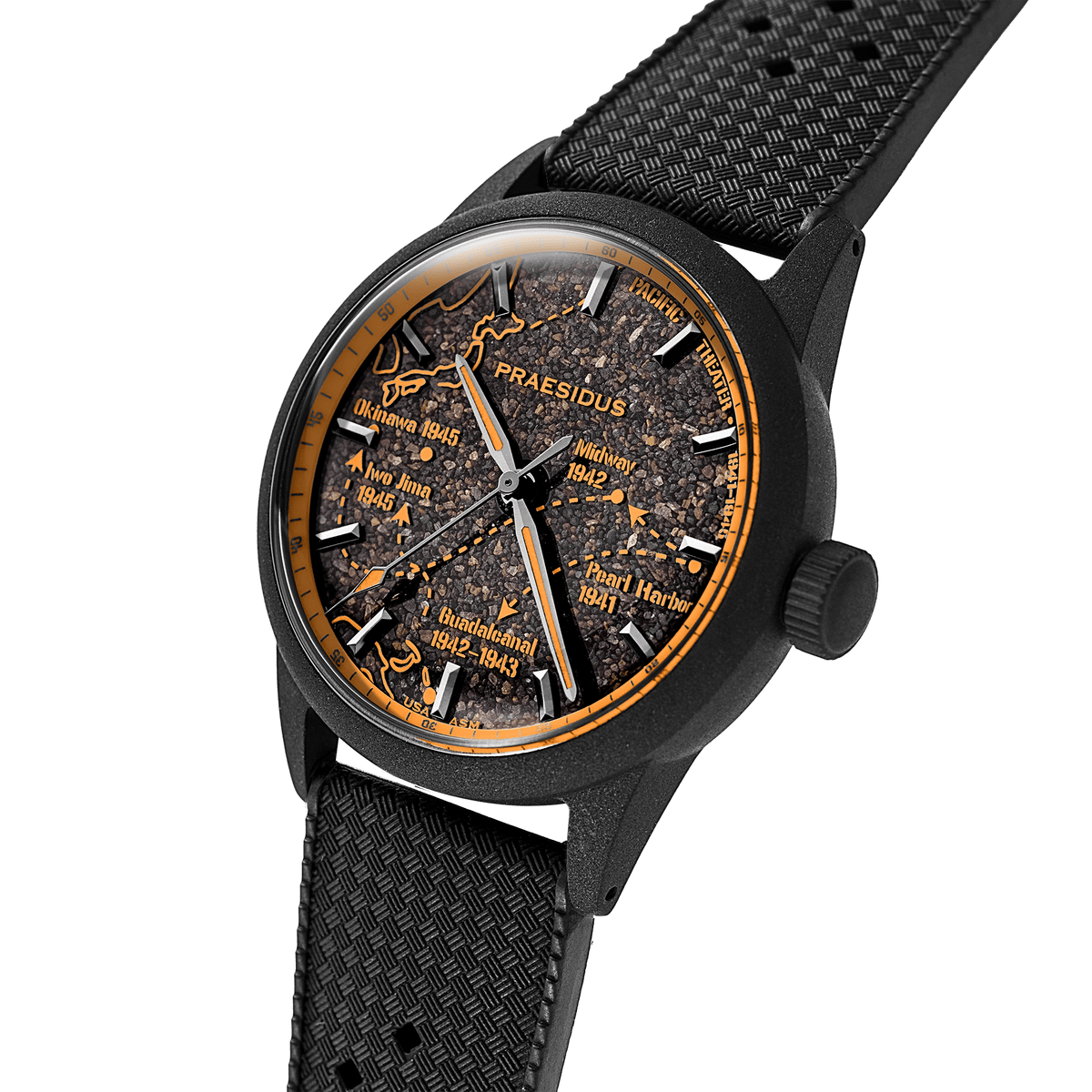 Angled side view of Military field watch with volcanic orange Pacific Theater map