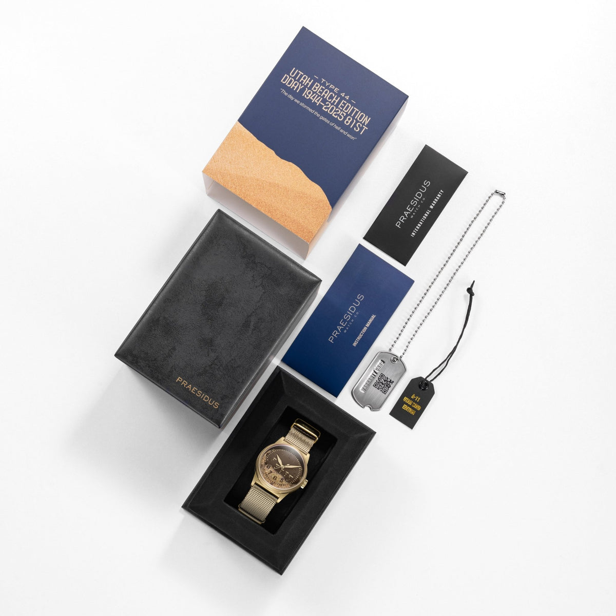 D-Day commemoration watch gift set with navy box watch roll warranty card and instruction manual