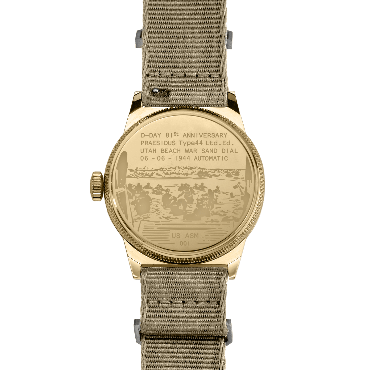Engraved caseback of D-Day 81st anniversary watch June 6 1944 Utah Beach war sand dial automatic
