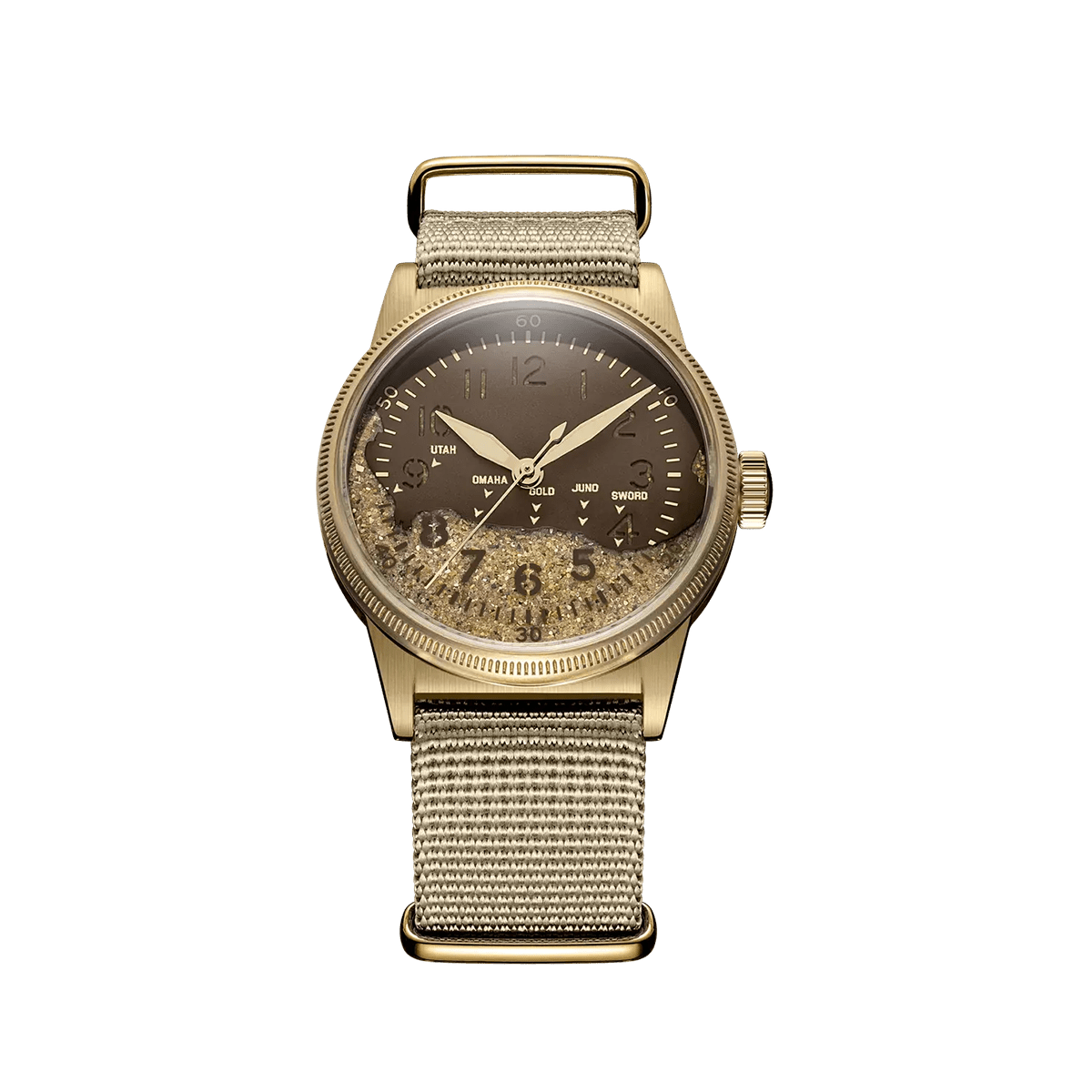 Bronze military watch front view, A-11 Utah Beach MK2 with Normandy coastline dial cutout