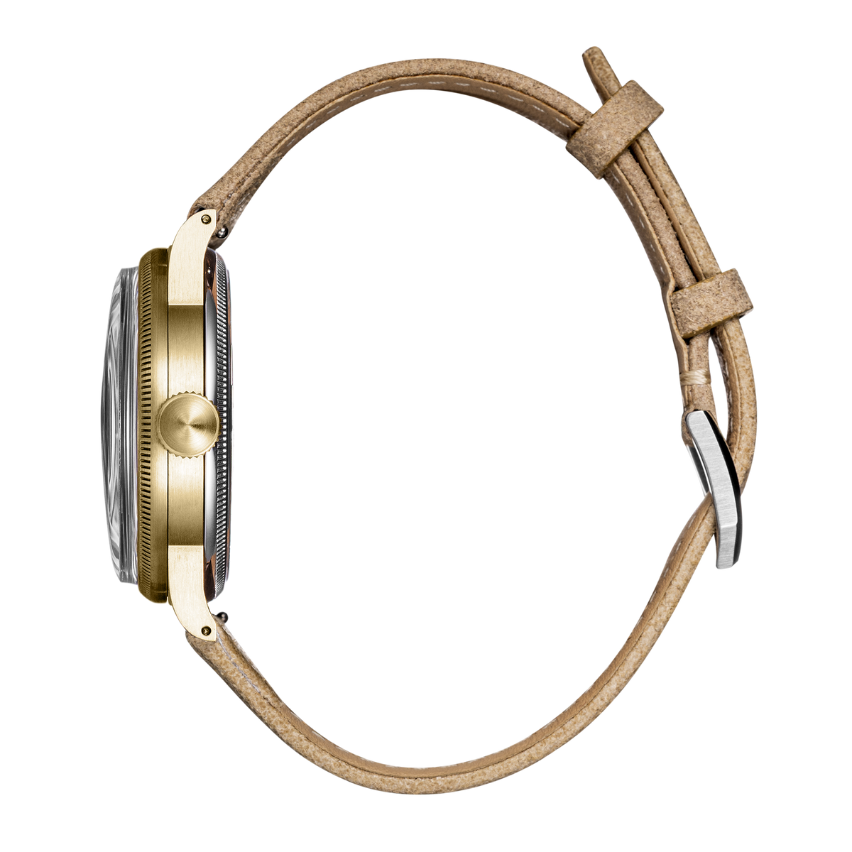 Military heritage watch with sand-distressed leather strap and bronze case