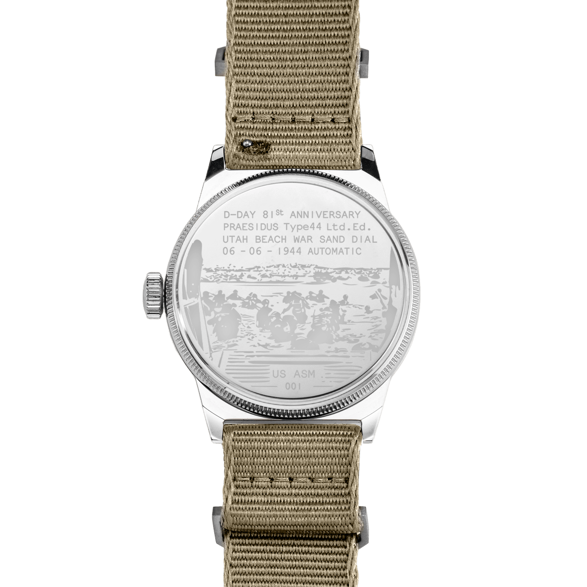 Praesidus A-11 watch caseback engraving D-Day tribute with beige NATO strap