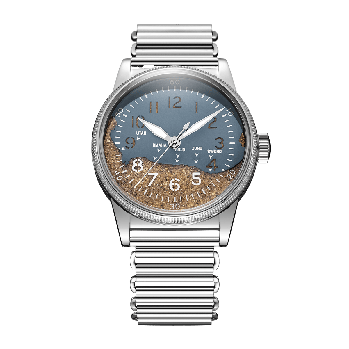 Praesidus military watch A-11 Higgins Blue sand dial Bonklip bracelet front view