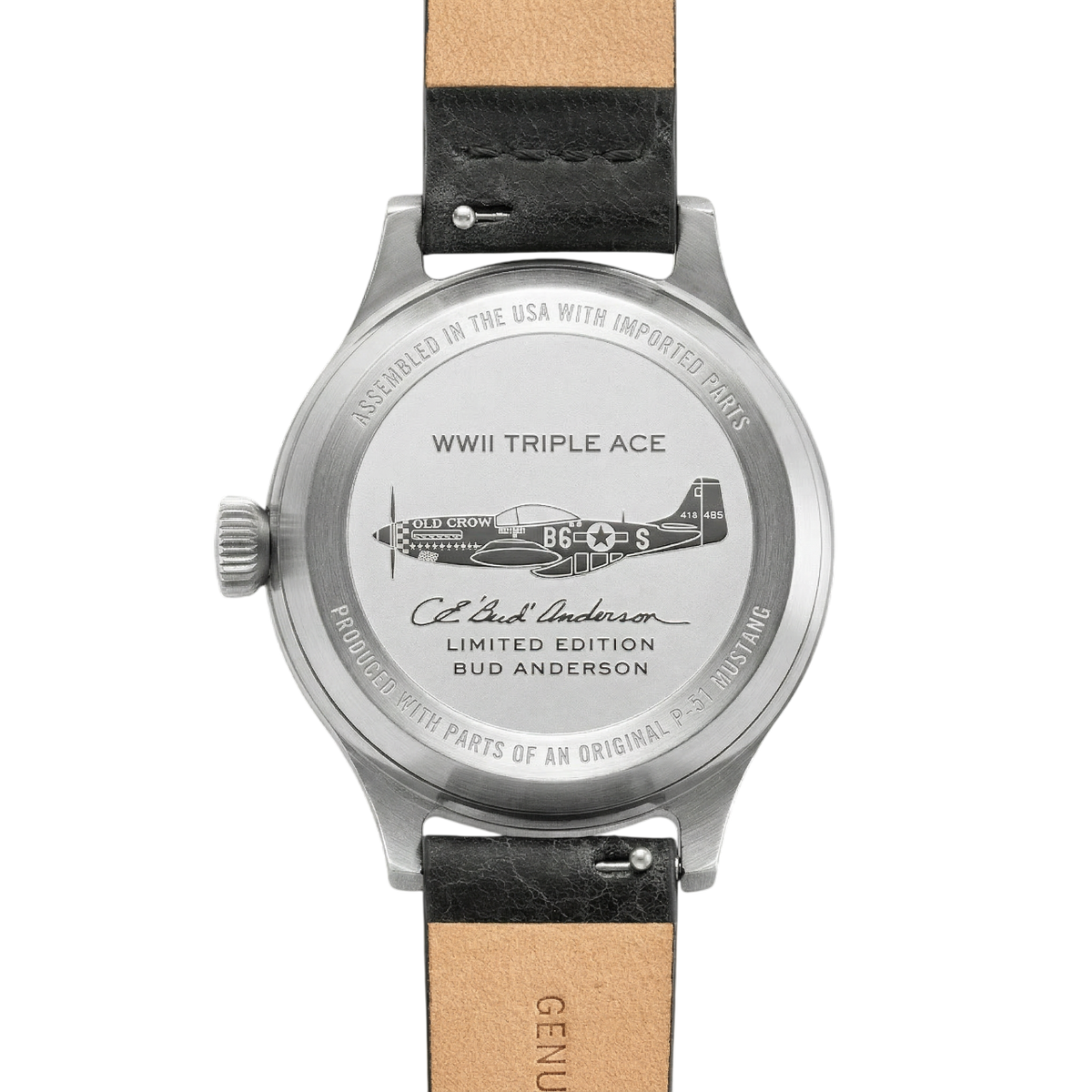 A-2 Bud Anderson caseback engraved with his P-51D Mustang and signature