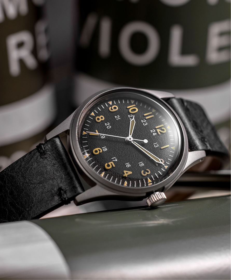 Jungle Field black dial watch on a black strap
