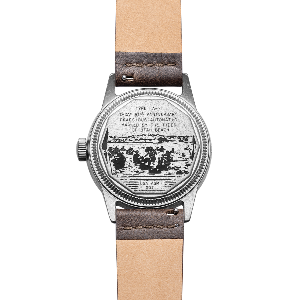 Engraved caseback of D-Day 81st anniversary watch marked by the tides of Utah Beach Normandy