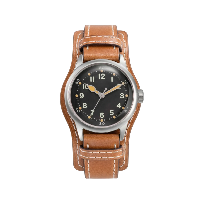 A-11 Tom Rice black dial on Bund leather strap, front view