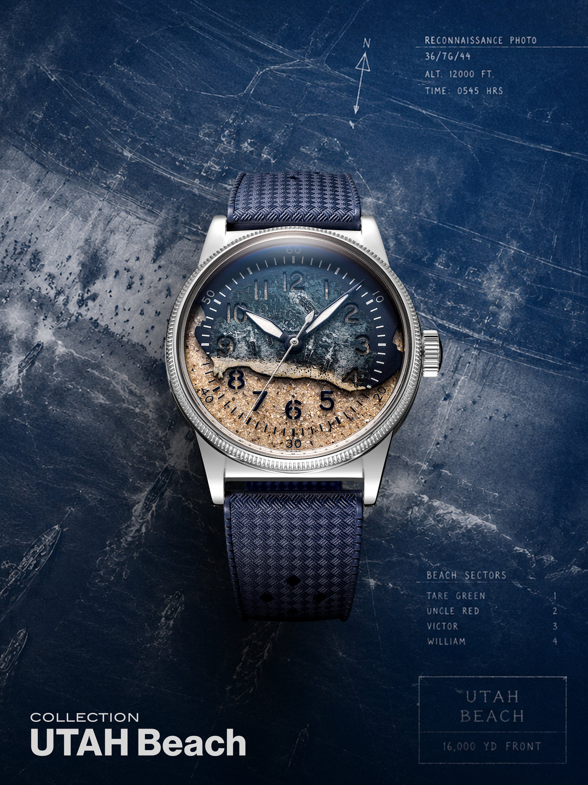 Utah Beach collection: A-11 Utah Beach watch with sand dial on a blue strap