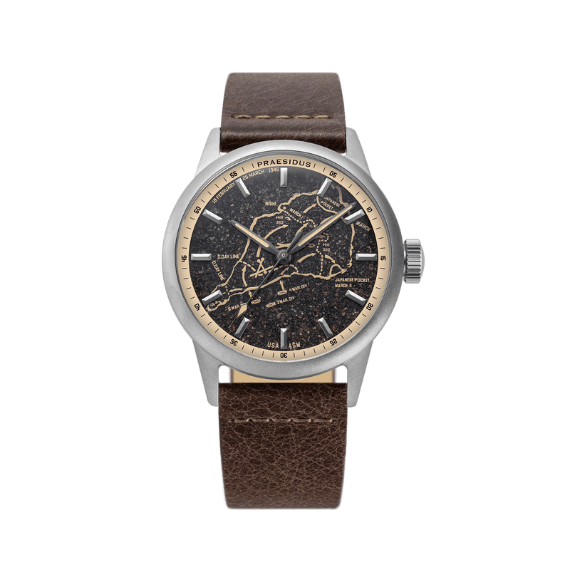 WWII military field watch with Iwo Jima volcanic sand dial and cream battle map