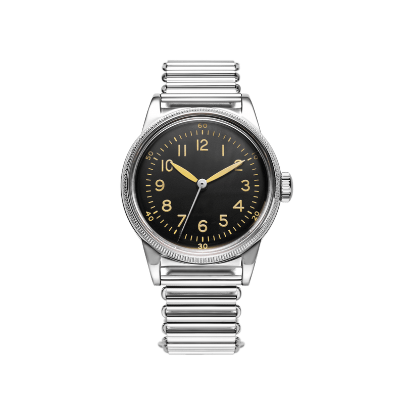 WWII A-11 patina military field watch stainless steel with Bonklip bracelet