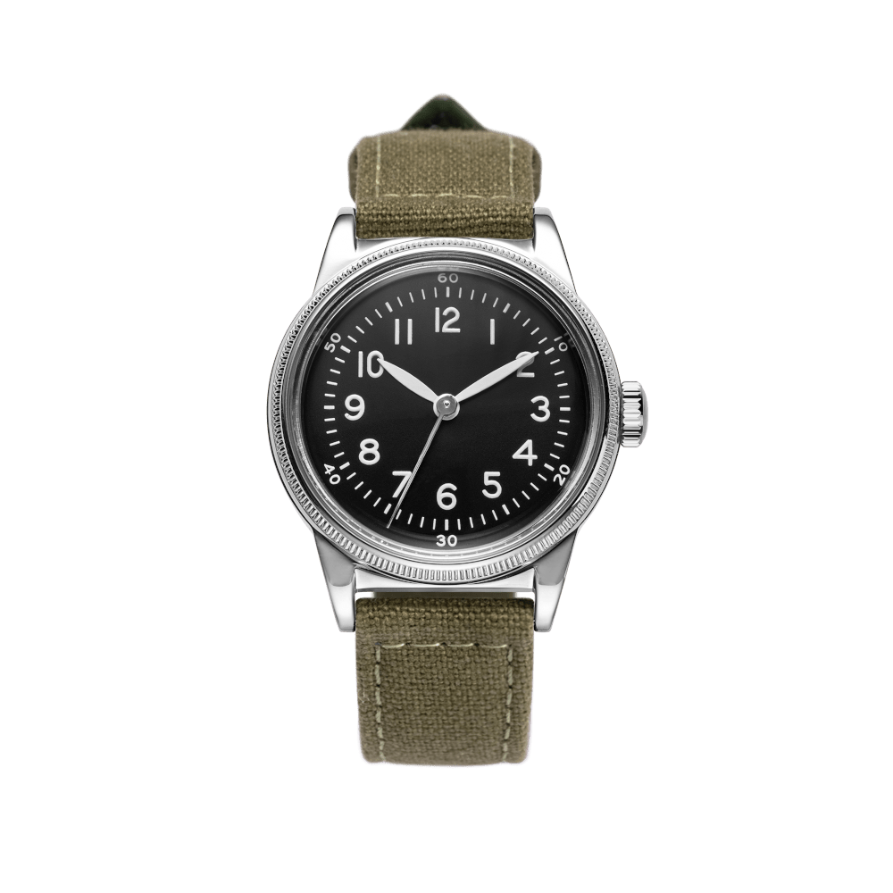 A-11 Type 44 white military field watch with Green canvas strap and black dial