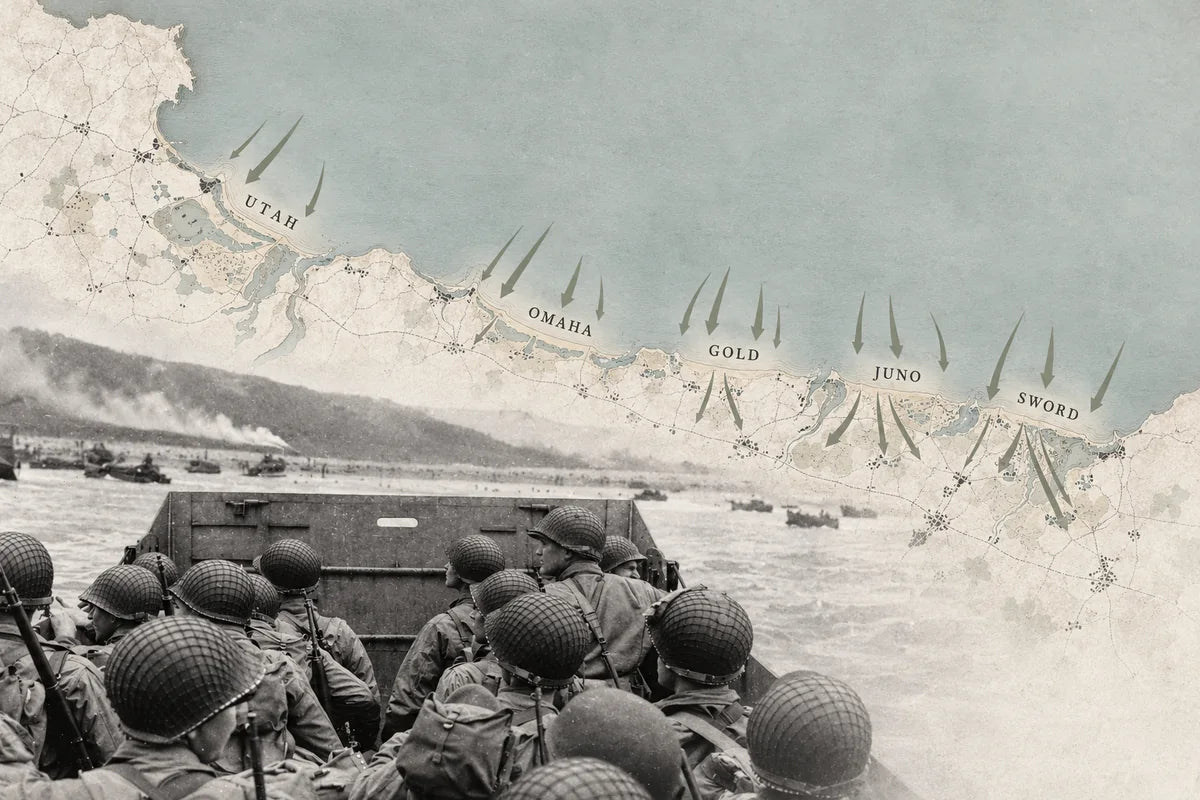 Illustrative D-Day landing map blended with American soldiers approaching Omaha Beach