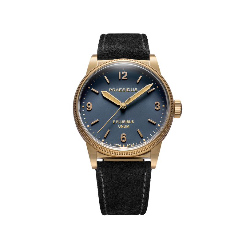 America 250th Anniversary bronze field watch, blue dial, black leather strap, front view