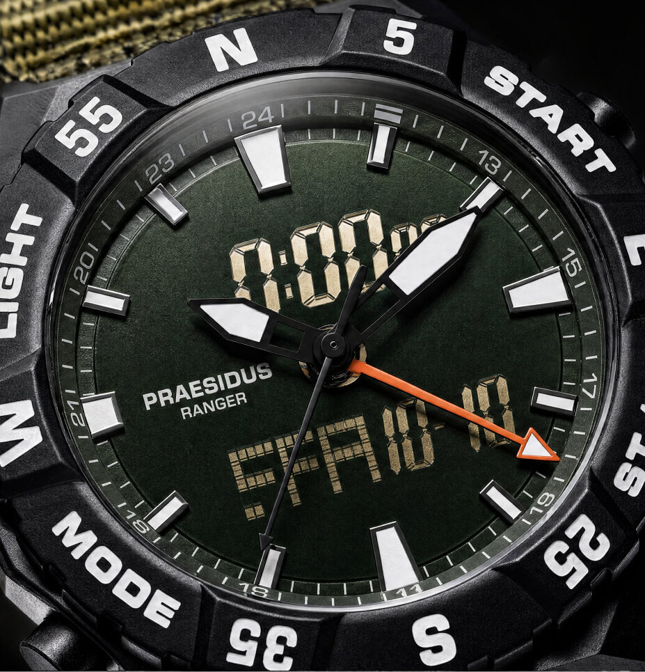 The Ranger Ana-Digi dial, digital display and rotating compass bezel