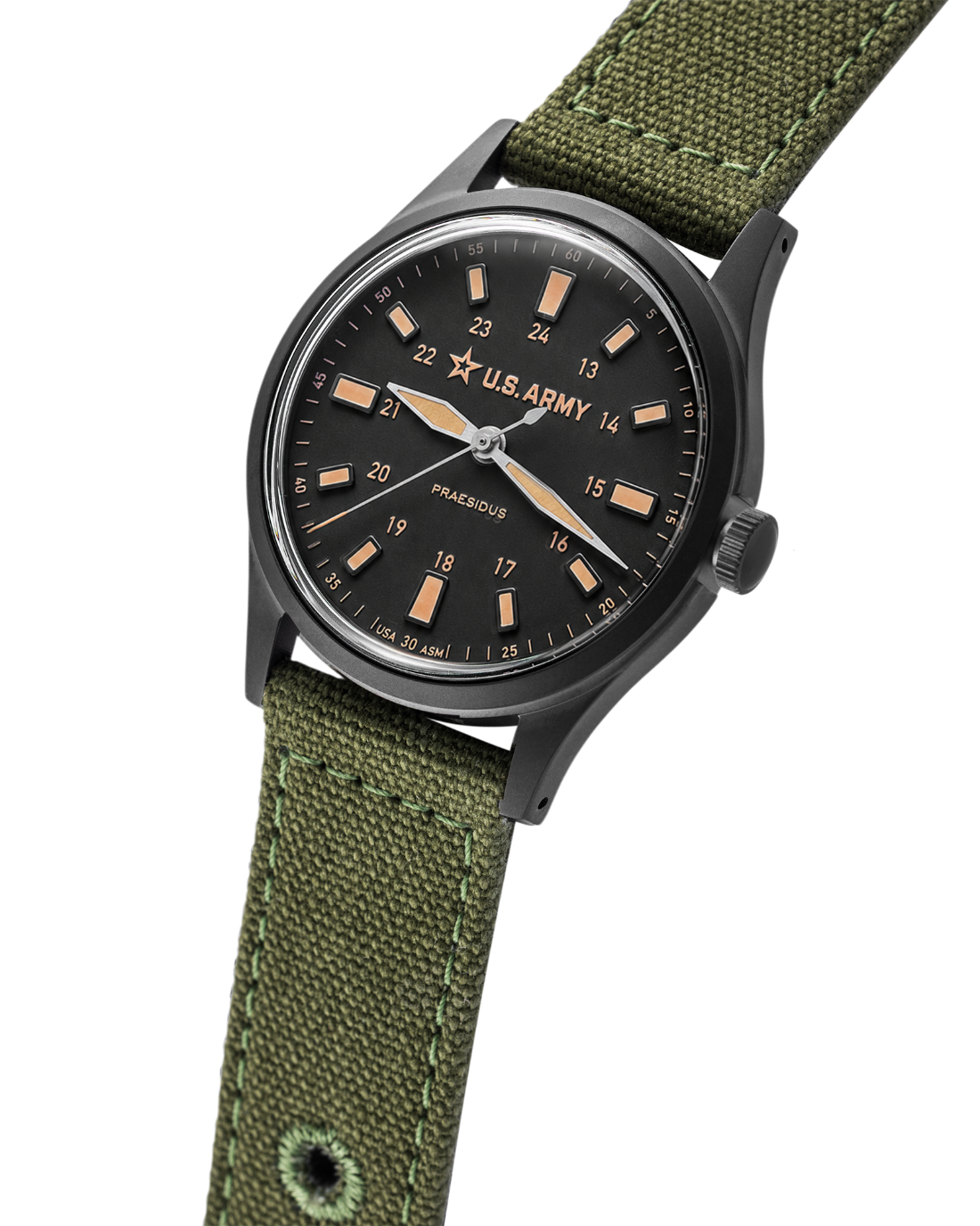 Watch with green strap and black dial on a white background. U.S. Army