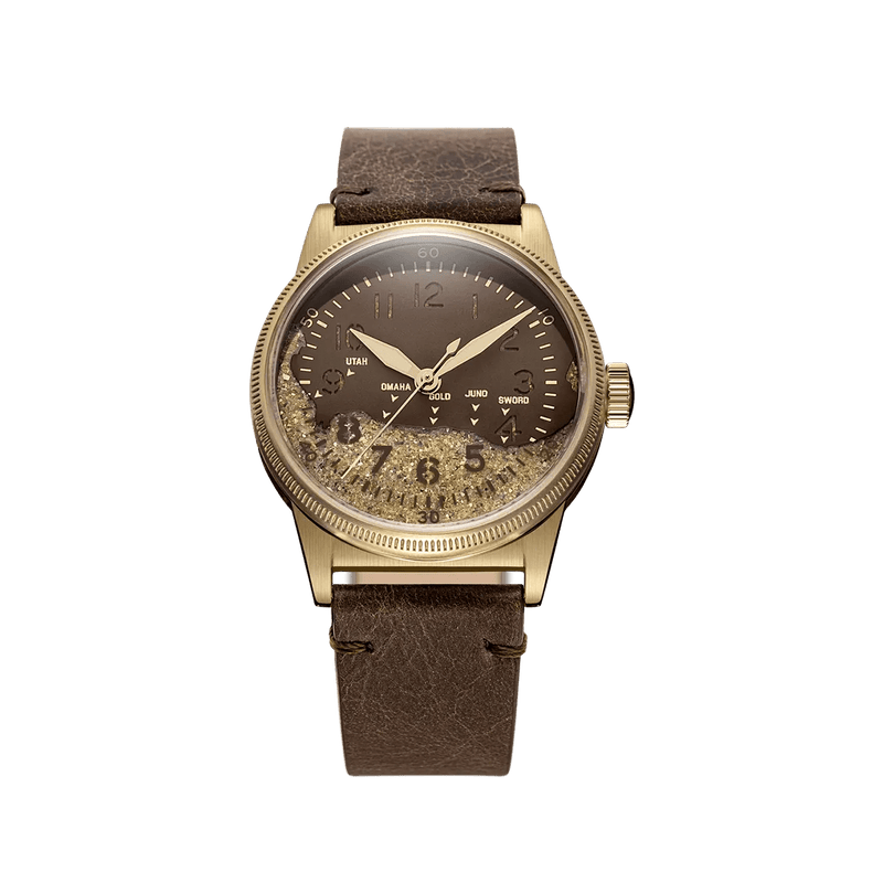 Bronze D-Day field watch with real Utah Beach sand dial and brown leather strap