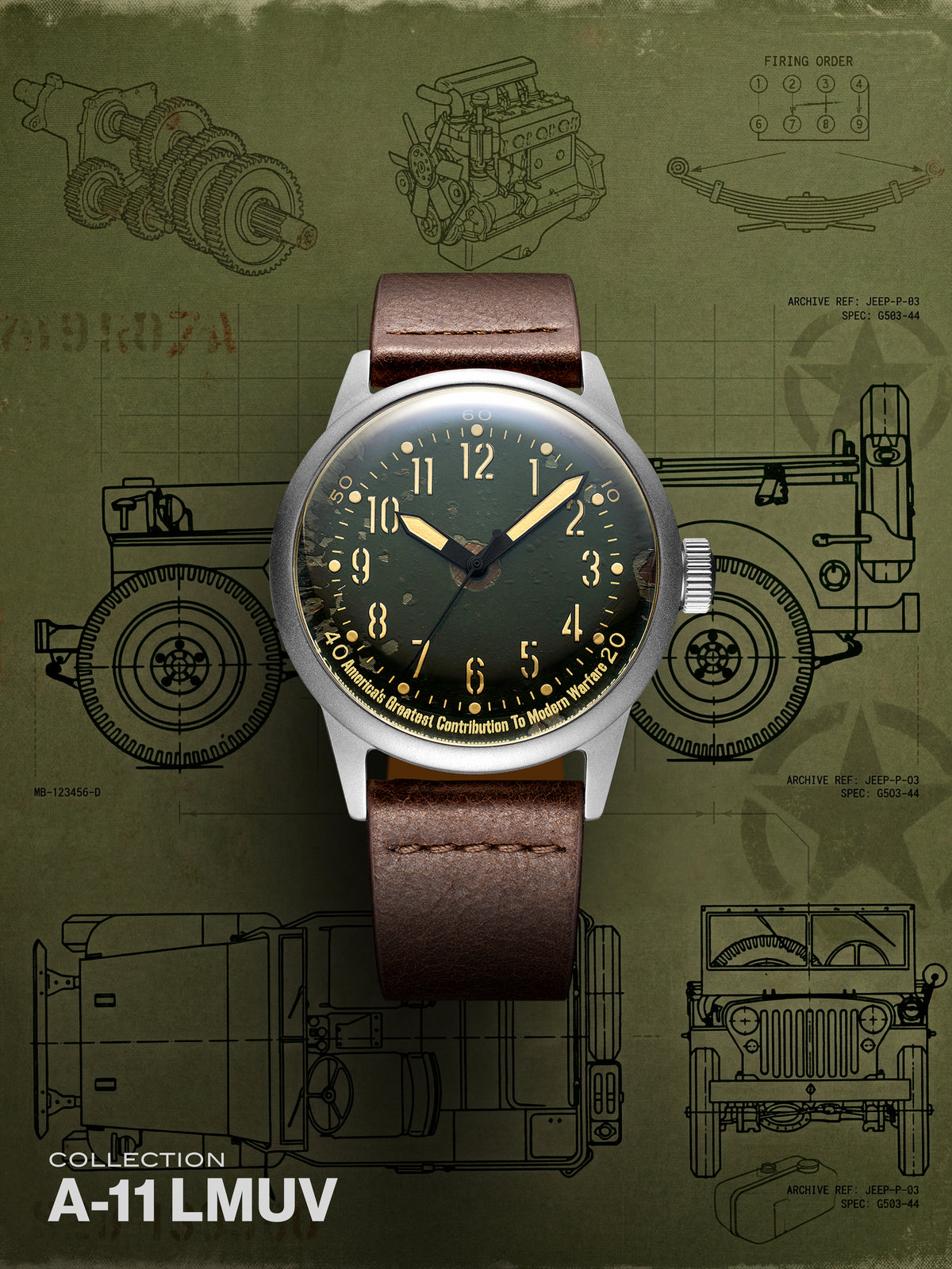 A-11 LMUV collection: watch on a brown leather strap over a Willys MB jeep drawing