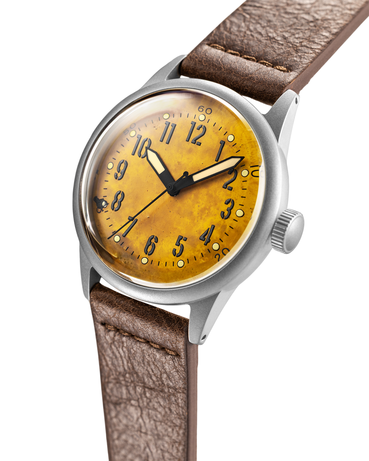 A-11 LMUV Yellow Patina, Willys MB jeep steel dial, brown leather strap, angled view