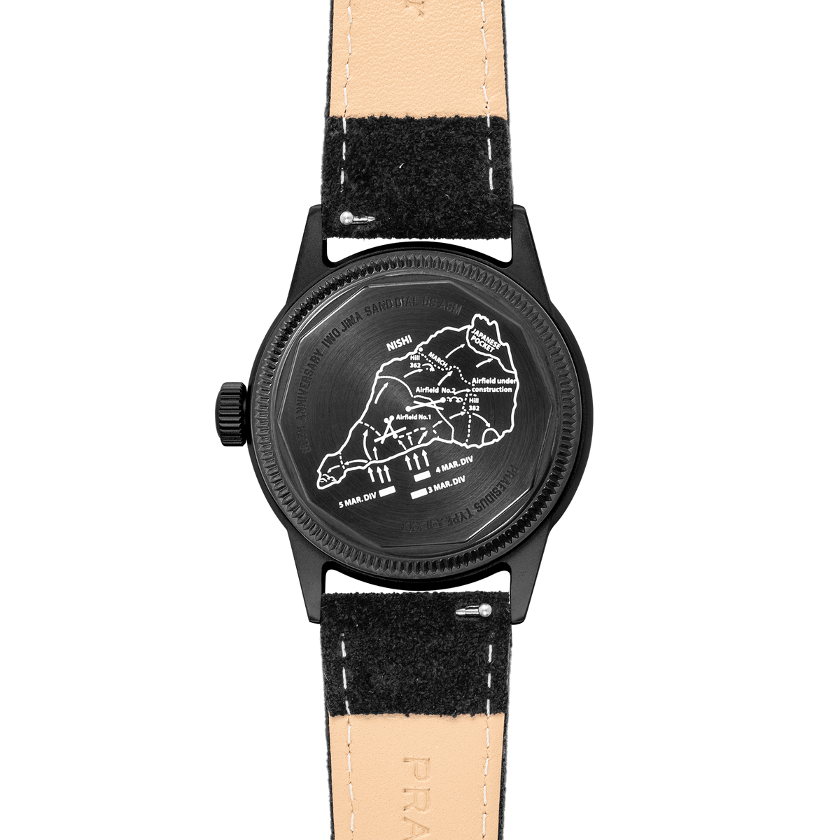 Memorial dial featuring authentic Iwo Jima volcanic sand and flag-raising imagery 

