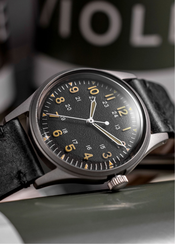A-11 Tom Rice black dial watch, close-up