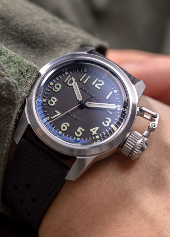 A-11 Tom Rice black dial watch, worn on the wrist