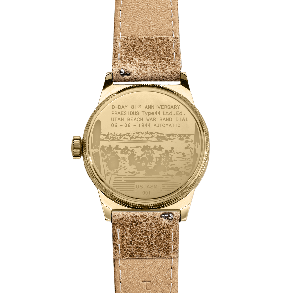 D-Day field watch caseback engraved with Normandy landing scene