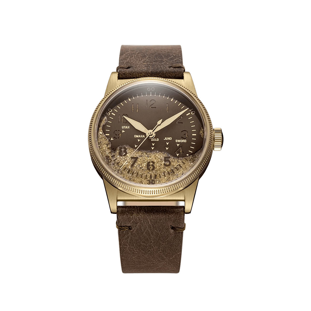 Bronze D-Day field watch with real Utah Beach sand dial and brown leather strap