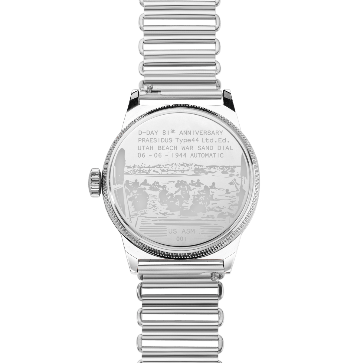 Praesidus A-11 UB Higgins Blue caseback engraving with Bonklip steel bracelet