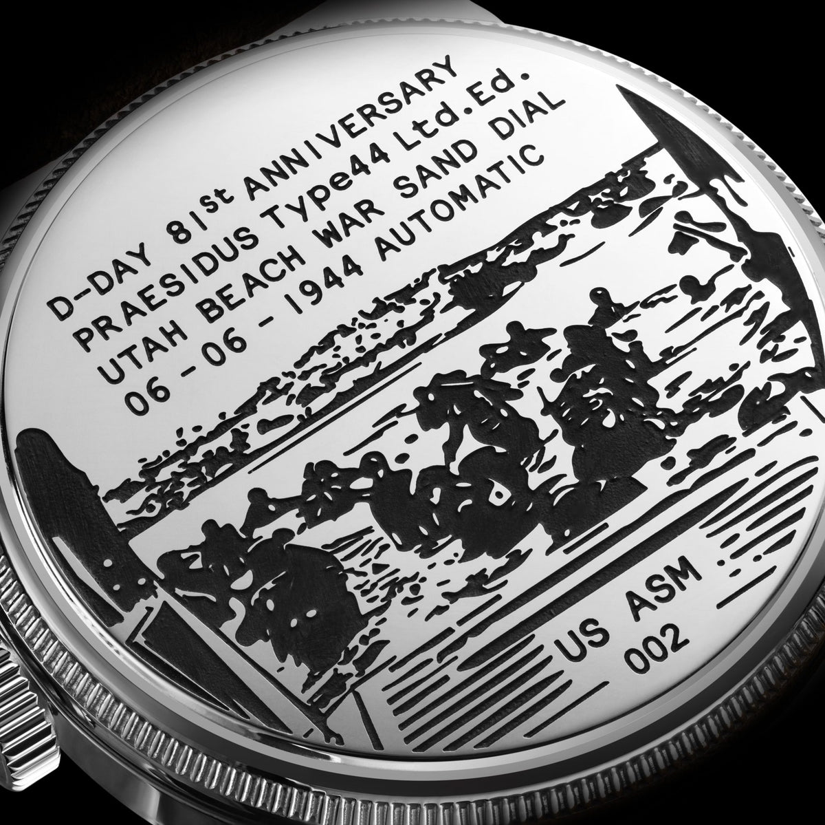 Close-up Praesidus A-11 caseback D-Day engraving Utah Beach 1944 automatic watch