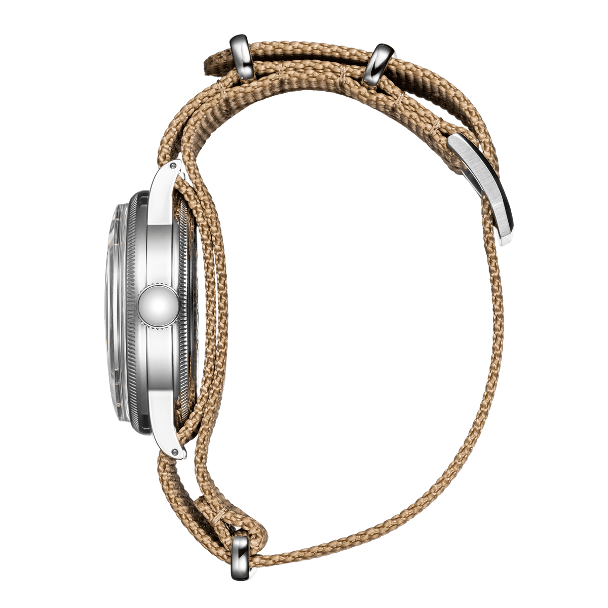 Side profile of Praesidus A-11 sand dial watch with beige NATO strap