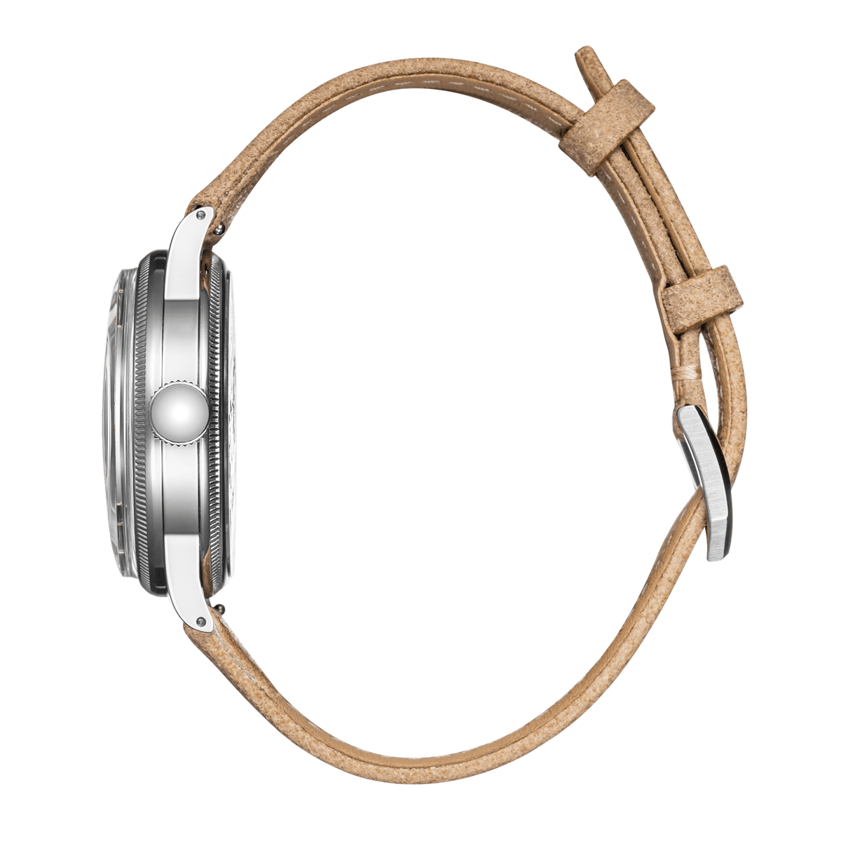 Side profile of Praesidus A-11 sand dial watch with sand leather strap