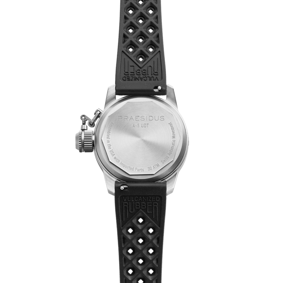 Praesidus A-5 UDT black military watch caseback with black rubber Tropic strap