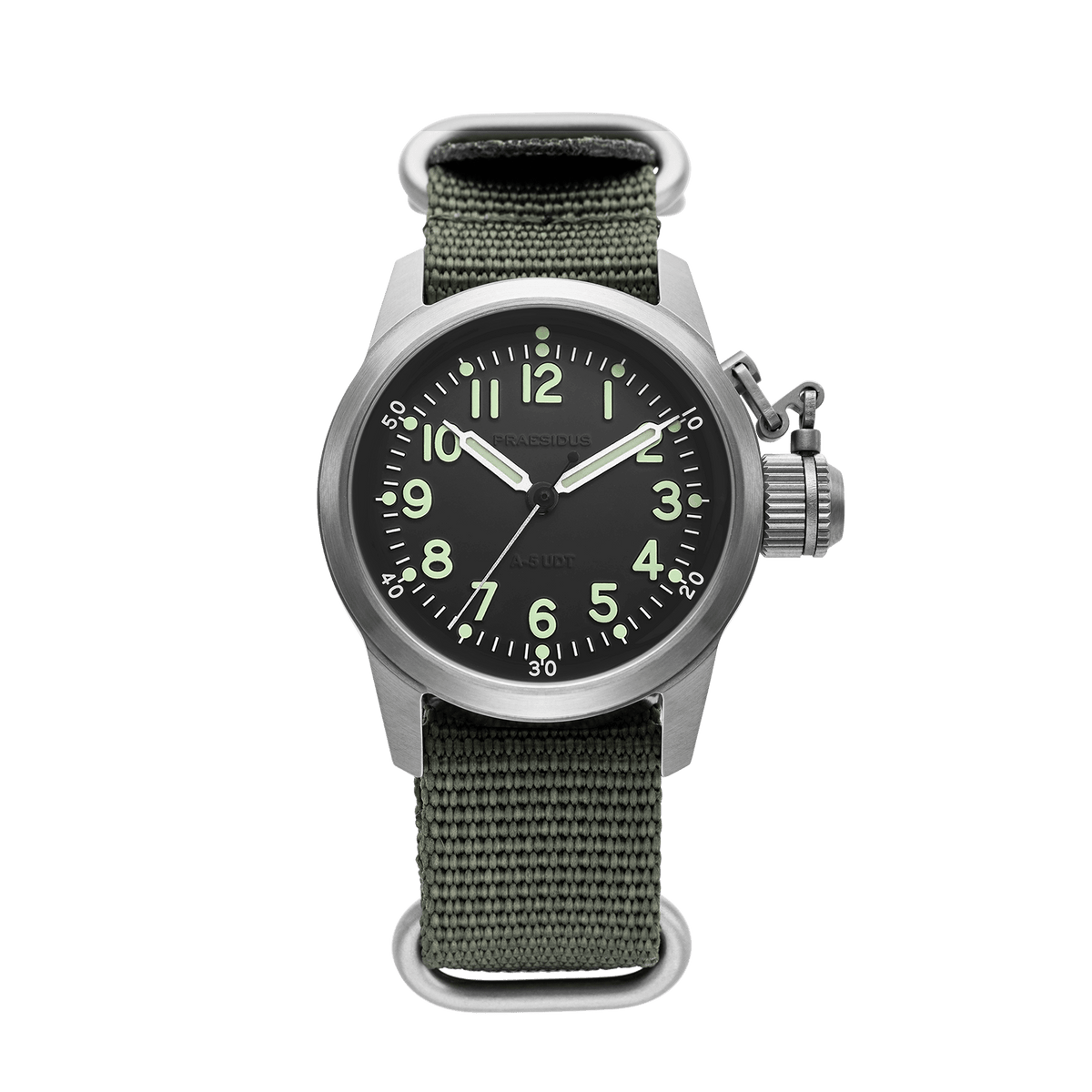 Praesidus A-5 UDT black military field watch with OG-107 NATO strap and luminous dial