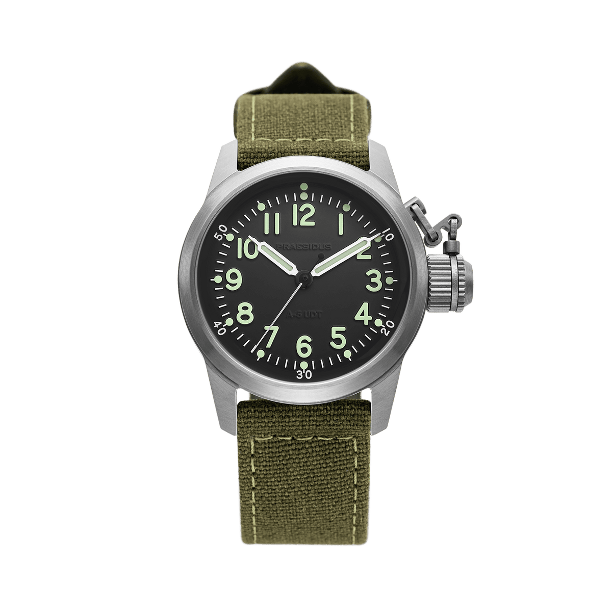 Praesidus A-5 UDT black military field watch with stock green canvas strap and luminous dial