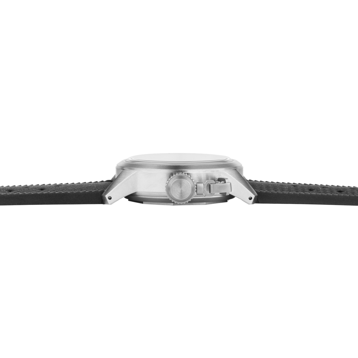 Praesidus A-5 UDT black military field watch side view showing stainless steel case profile and black rubber Tropic strap