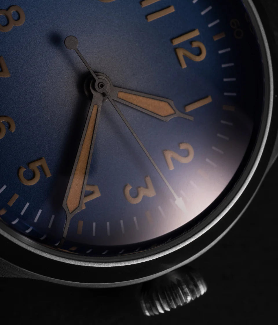 Close-up of the A-2 Diz Laird blue-gray dial with patina numerals