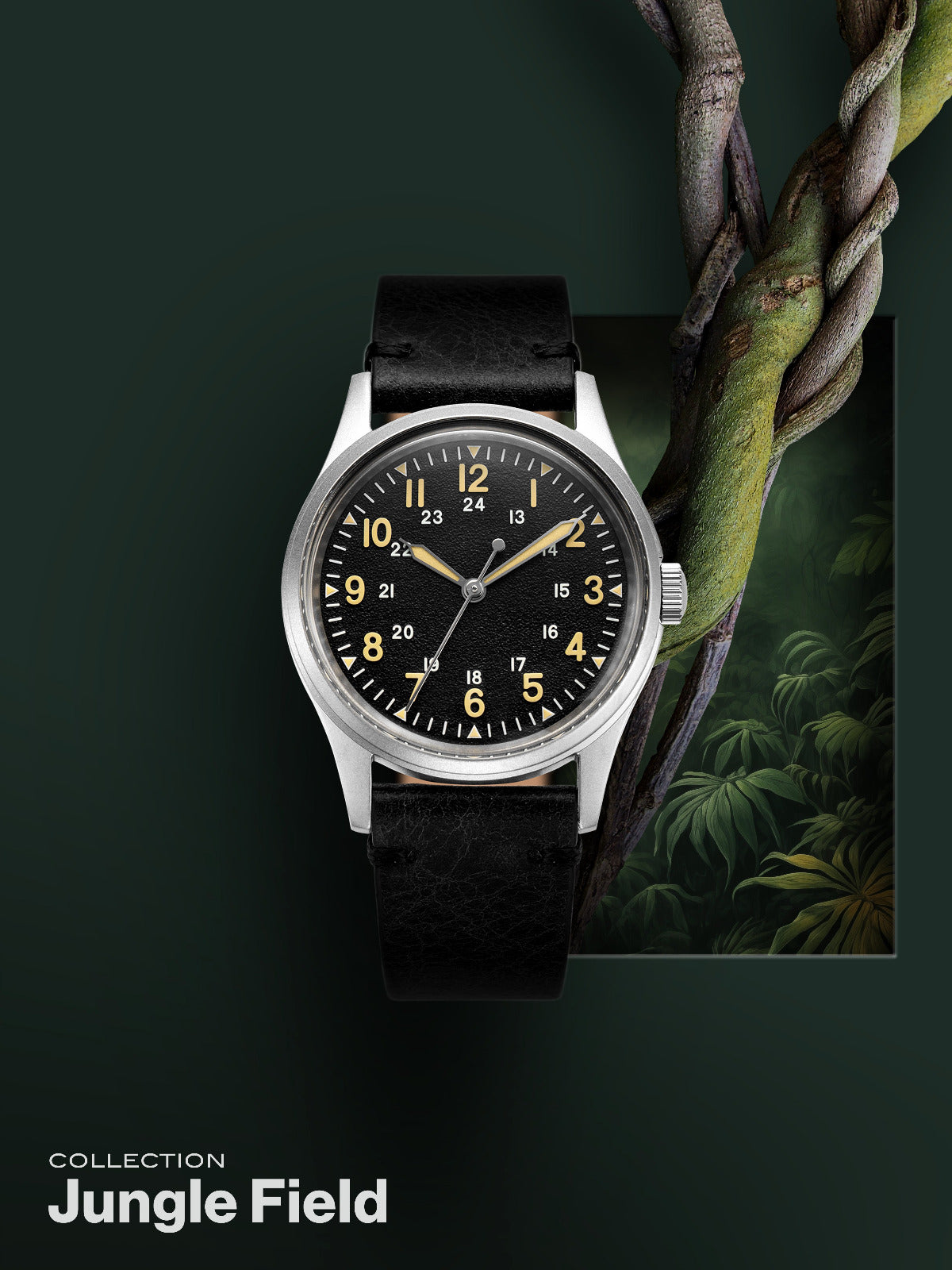 Jungle Field collection: Jungle Field watch on a dark green background