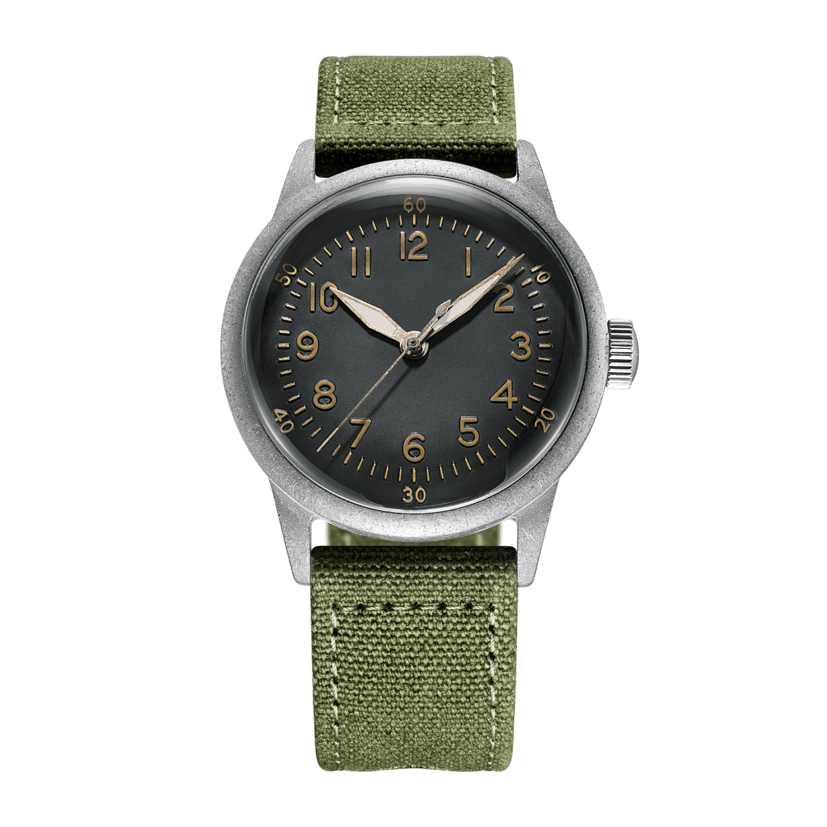 WWII tribute military watch, naturally aged steel case 38mm