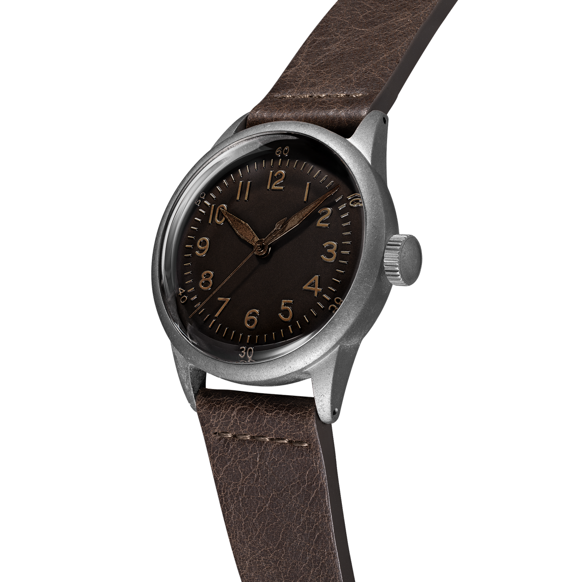 WWII-inspired field watch with ocean-aged patina steel case and brown leather strap
