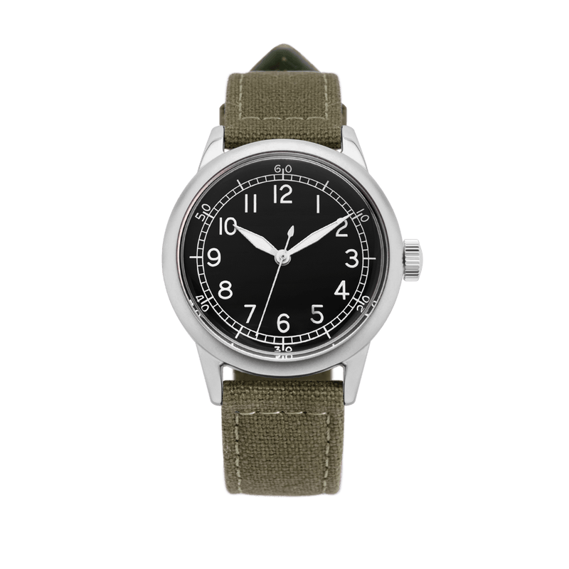 Spec 2 Ameriquartz Original A-11 field watch, black dial, green canvas strap