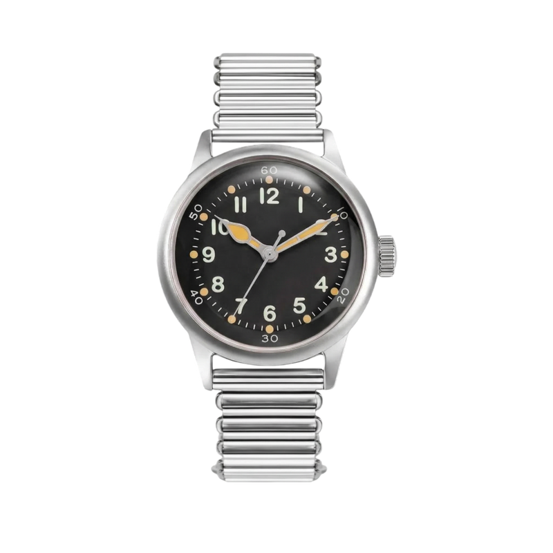 A-11 Tom Rice black dial on Bonklip bracelet, front view