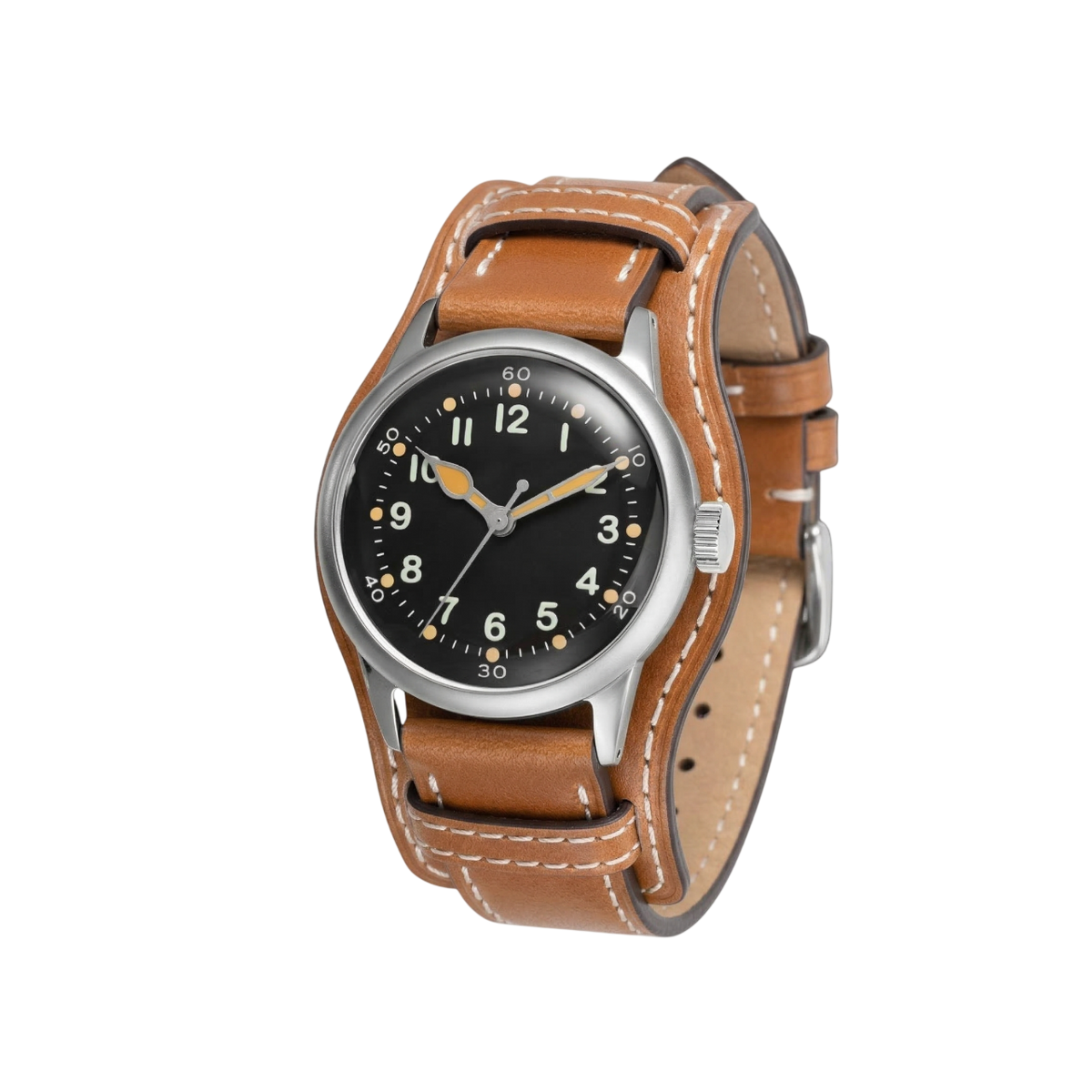 A-11 Tom Rice black dial on Bund leather strap, front view